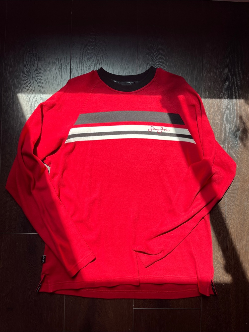 Sean John Red Crewneck Sweater with Black & White Stripes